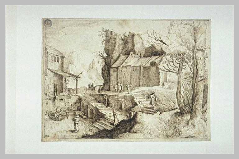 Habitations adossées au rocher dans un paysage montagneux avec paysans