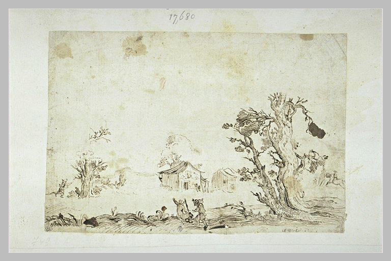 Paysage de campagne avec des personnages en hélant