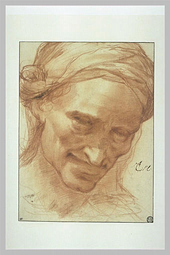 Tête de vieille femme souriante, coiffée d'un turban