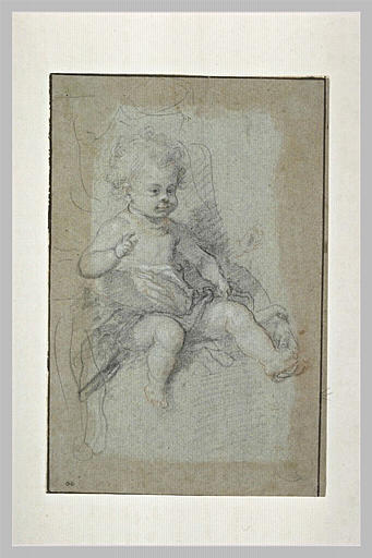 Enfant assis, levant la main droite et souriant : Jésus enfant