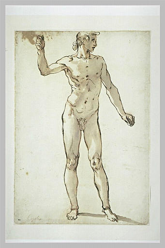 Homme nu, debout, corps de face, tête de profil, bras droit levé