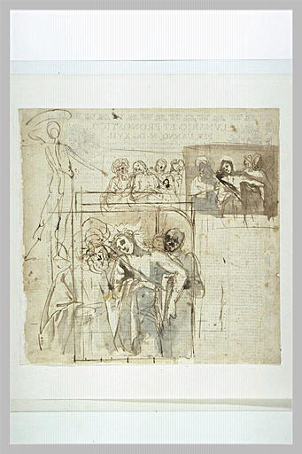 Trois études pour un Ecce Homo ; esquisse d'une figure debout, de dos
