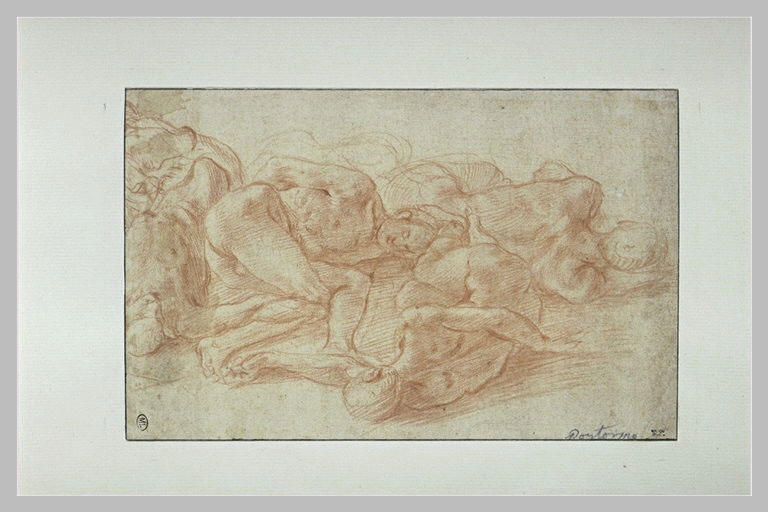 Cinq corps d'hommes nus, étendus à terre