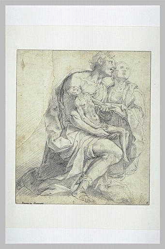 Un homme et une femme agenouillés, portant un petit homme nu