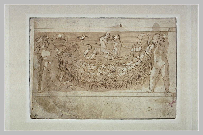 Frise avec deux putti soutenant une guirlande, et couple de triton et femme