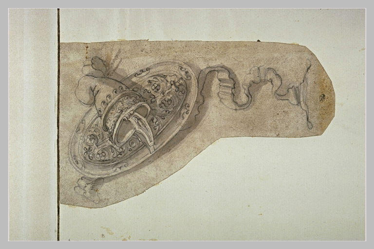 Motif décoratif enrubanné avec un bouclier et un bonnet phrygien