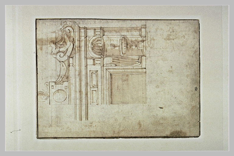 Etudes d'un édifice avec baie et fontaine dans une niche à coquille