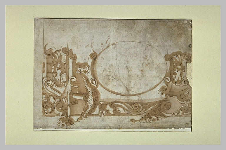 Etude d'un ornement pour un cartouche ovale avec cuirs et mascarons