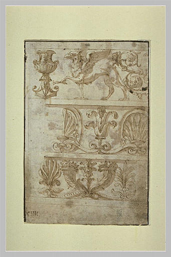 Trois motifs de frise avec vases, griffons, palmettes, cornes d'abondance