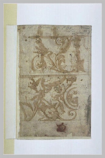 Deux motifs de frise à rinceaux avec hibou et sphinx ailé