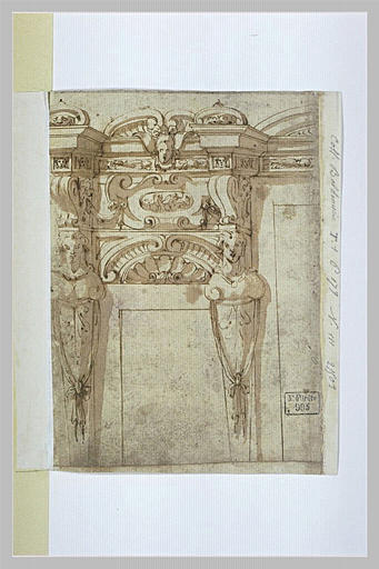 Encadrement architectural avec cariatides et fronton à coquille