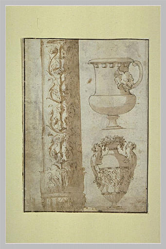 Deux urnes dont une couronnée de fruits, et fût de colonne orné