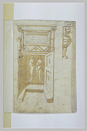 Etude d'un monument funéraire avec deux battants vus en perspective