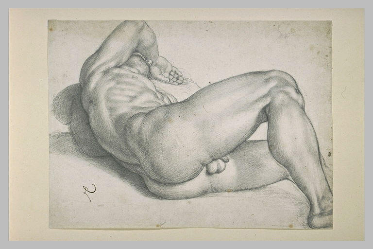 Homme nu couché sur le dos, tourné vers la droite