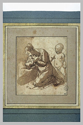 Sainte agenouillée, en prière assistée par un ange : sainte Dorothée (?)