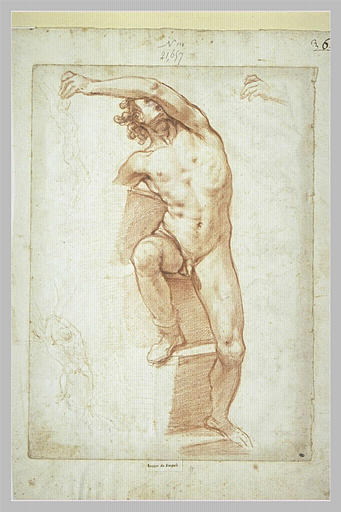 Homme nu, de face, appuyé sur un socle à degrés ; deux esquisses d'homme nu