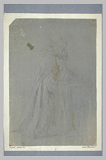 Religieux à genoux, tenant un livre et un bâton