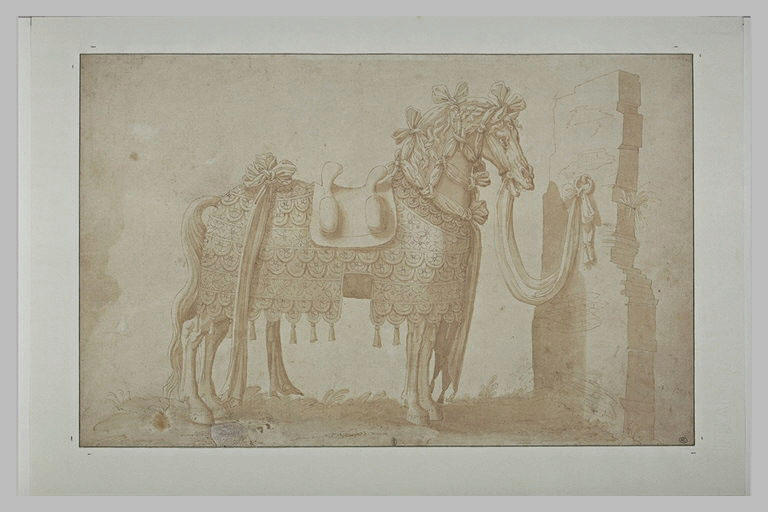Cheval harnaché d'étoffes et de rubans, attaché à un pilastre