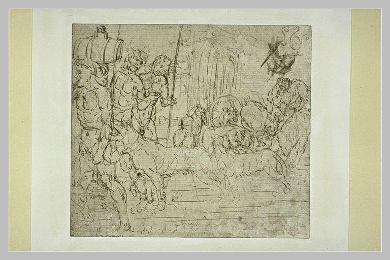 Trois hommes nus marchant devant des animaux sauvages