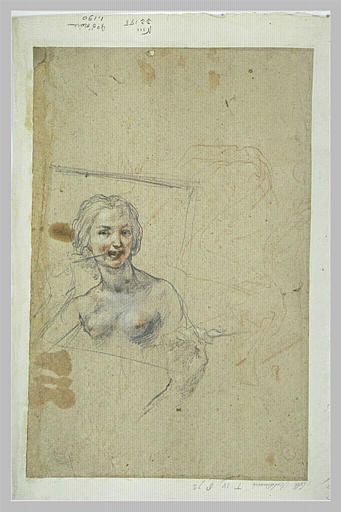 Jeune femme vue en buste, portant une flèche à sa bouche...