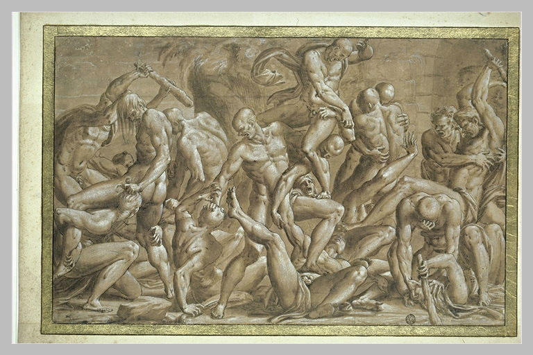 Combat d'hommes nus luttant à coup de massue