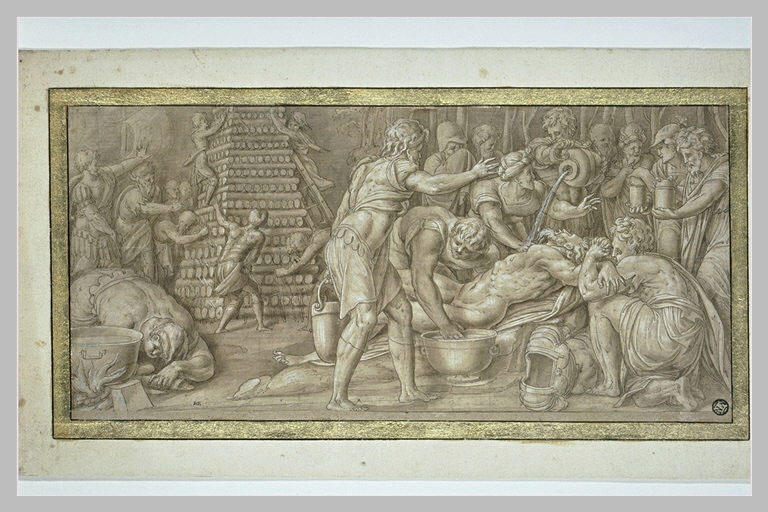 Des soldats lavant le corps d'un guerrier nu, près d'un bûcher