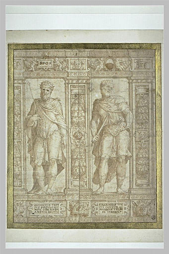 Partie de frise avec deux statues de Charondas et Antiochus