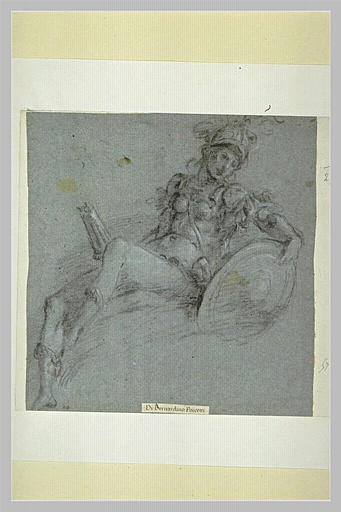 Figure féminine assise, portant cuirasse, casque et bouclier