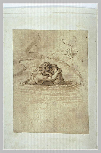 Deux hommes s'enlaçant au milieu d'un lac