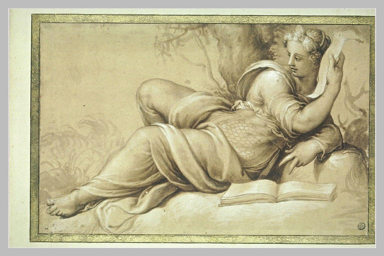 Femme étendue à terre près d'un livre, et tenant une banderole