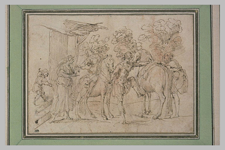 Trois voyageurs quittant une auberge