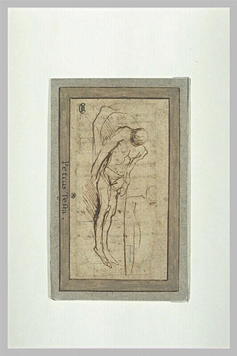 Homme étendu, sur une pierre, vu de dessus : le Christ mort