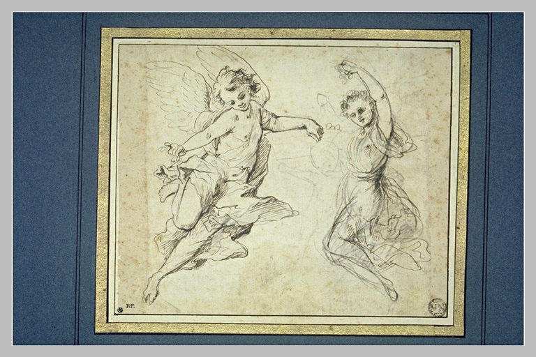 Deux anges volant répandant des fleurs ; croquis d'un angelot