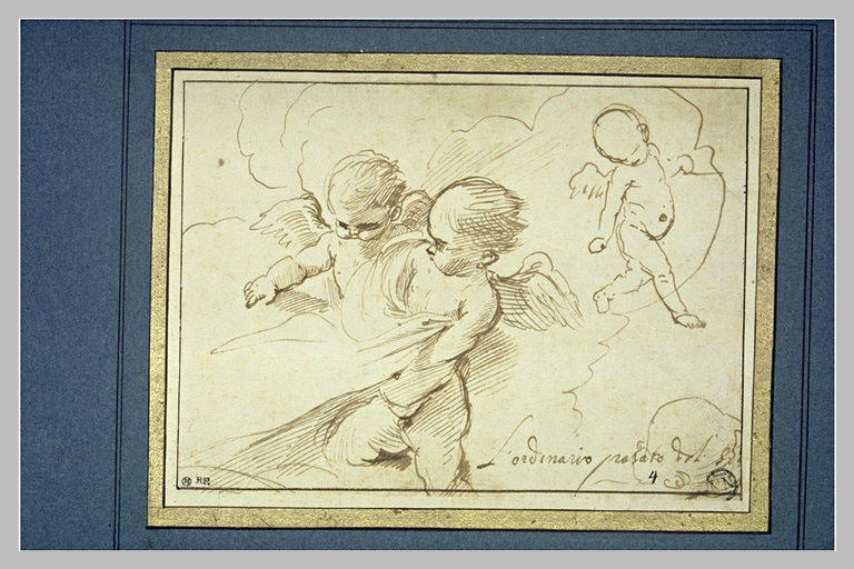 Deux amours tirant le bout d'un vêtement et croquis de deux autres