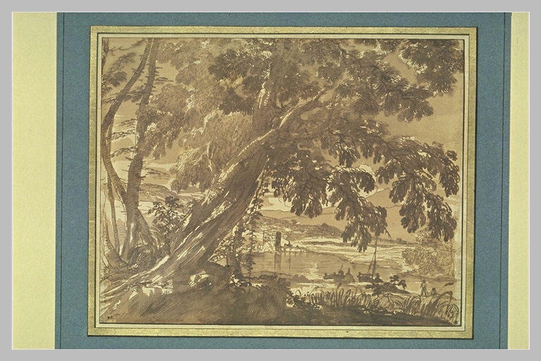 Paysage, avec une rivière, des bateaux, des pécheurs et un pélican