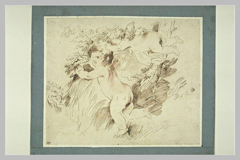 Deux amours se cachant dans un feuillage, à gauche, la tête d'un satyre