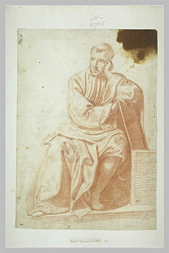 Homme assis, drapé, appuyé sur une tablette