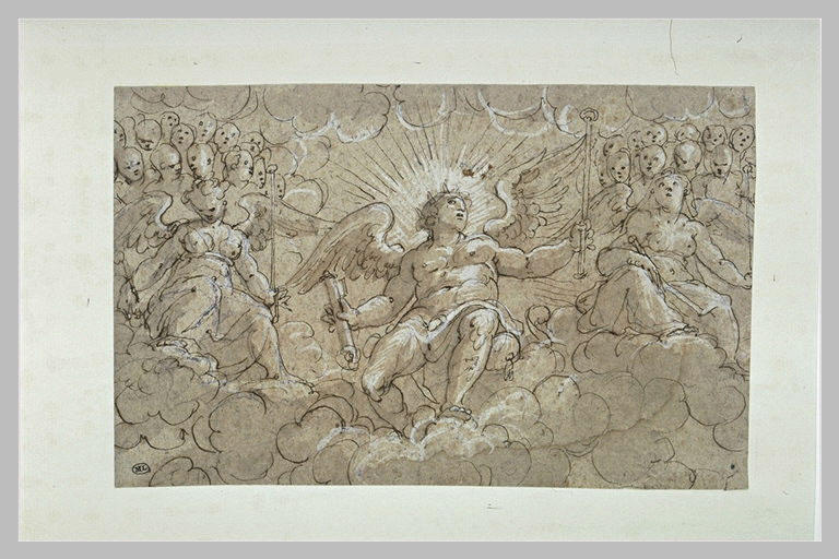 Un archange entouré d'anges sur des nuages