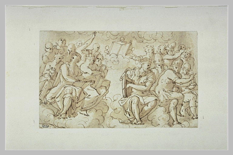 Deux groupes de figures assises, sur des nuages : princes séculiers