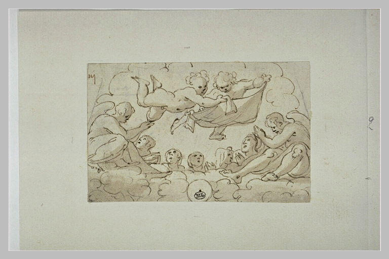 Choeur d'anges dont deux volant et élevant le vêtement du Christ