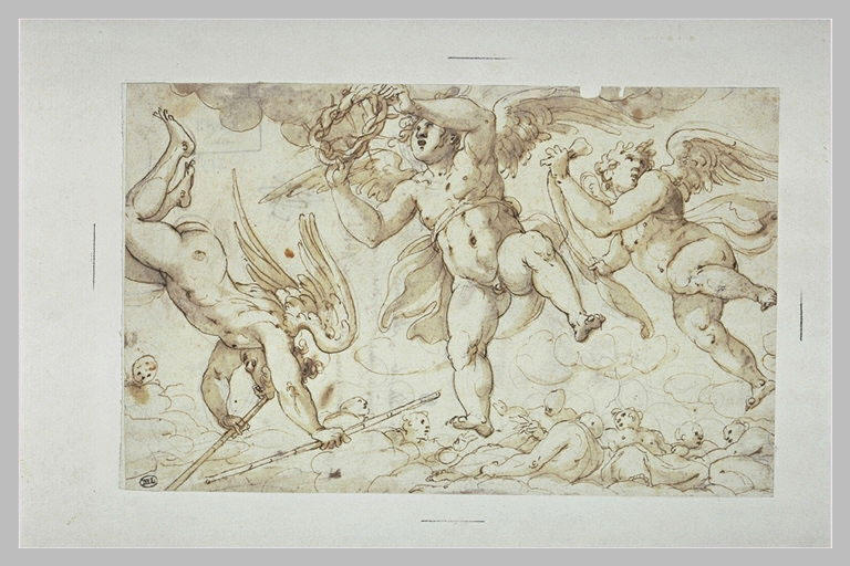 Trois anges portant les roseaux et la couronne d'épines de la Passion
