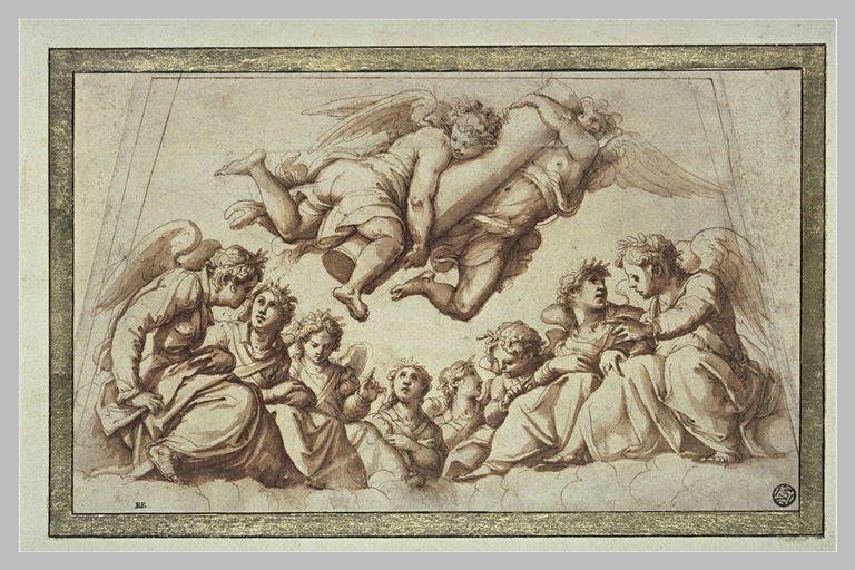 Choeur d'anges dont deux volant, portant la colonne de la Flagellation