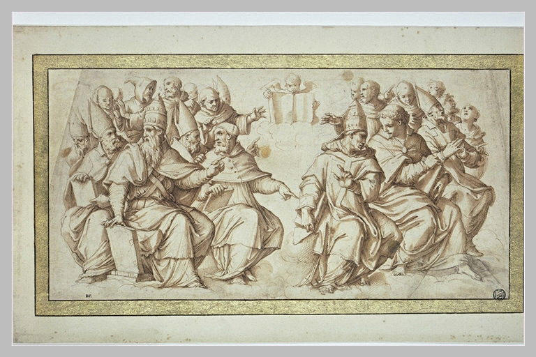 Deux groupes de pontifes, évêques, moines et un angelot