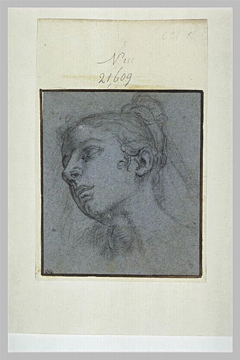 Tête de femme, tournée vers la gauche, vue en raccourci