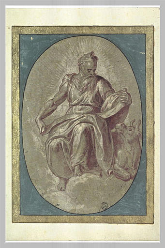 Saint Luc évangéliste assis, regardant un papier qu'il déroule