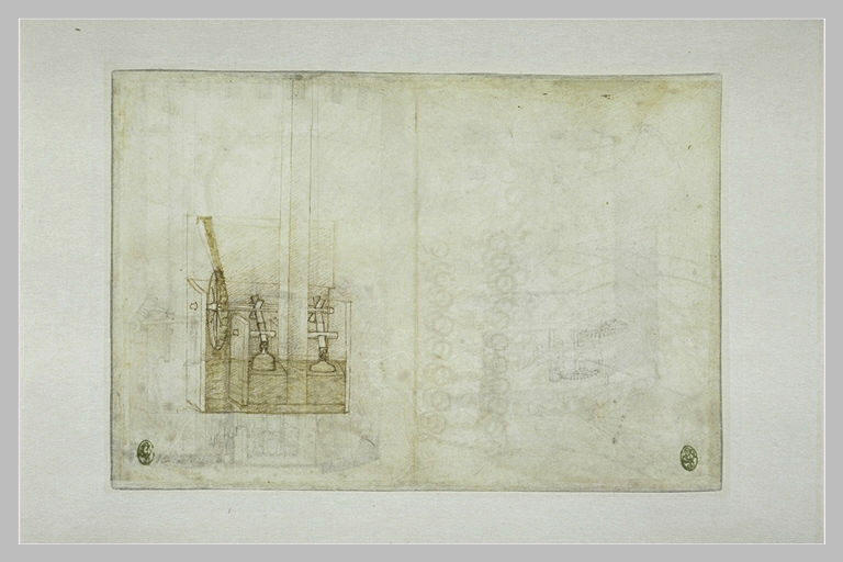 Un moulin actionnant deux marteaux ; un prêtre grec ; un évêque, en buste