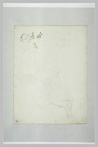 Trois lapins, un chamois, un daim ; un homme assis