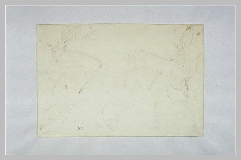 Deux cerfs de profil ; tête de cerf ; deux pintades picorant