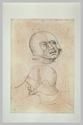 Deux têtes de soldats blessés, coiffés d'un casque