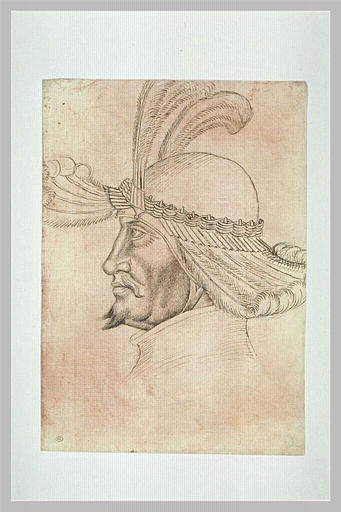Tête d'homme barbu, vu de profil, coiffée d'un casque orné de plumes